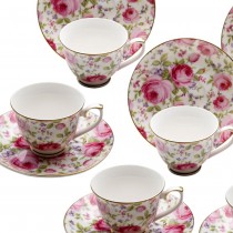 Pink Climb Rose Vine Demi Cup Saucer, Set of 4. Boxed