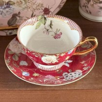 Classic Red Flower  Rich Gold Cup Saucer Set, Set of 4