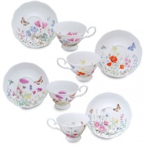 4 Assorted Meadow Scallop Cups and Saucers, Set of 4