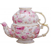 Pink Peoney and Rose Chintz 3 Piece Tea for One