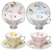 4 Assorted Iris Floral Cups and Saucers, Set of 4
