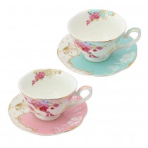 Pink/Blue Rose Dots Assorted Cups and Saucers, Set of 4