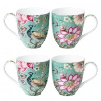 Teal Lotus Garden Mugs, Set of 4