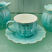 Teal Luster Gold Cup Saucer, Set of 4