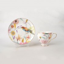 White background Daisy and Bird Tea/coffee Cup Saucer, Set of 4