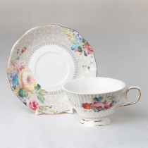 Grey Stripes/floral Teacup Saucer, Set of 4