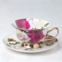 White  Pink Rose Rich Gold Cup Saucer Set, Set of 4