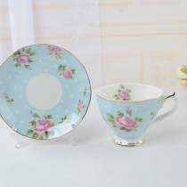 Pale Blue Dots Rose Cups and Saucers, Set of 4