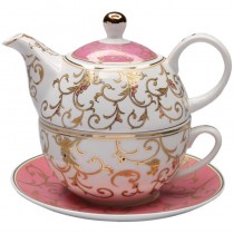 Pink/Gold Scroll 4 Piece Tea for One gift boxed