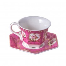 Victorian Pink Rose Hexagonal Cups & Saucers, Set of 4