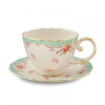 Green Vintage Rose Teacups and Saucers, Set of 4