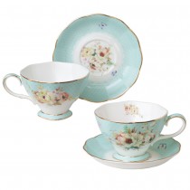 Gold Trim Bone China Cup Saucer, White Floral Blue. Set of 4