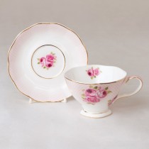 Gold Trim Bone China Cup Saucer, Pink Rose/Dots. Set of 4