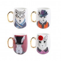 4  Animal Gold Handle Coffee Mugs, Set of 4