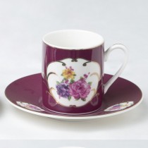 Burgandy Rose Espresso Cups and Saucers, Set of 4 Boxed