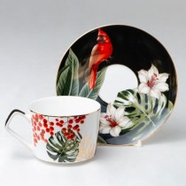 Tropical Cardinal Coffee cup Saucer, Set of 4