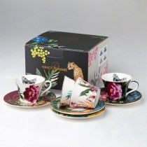 4 asst tropical Espresso cup & saucer, Set of 4. Gift Boxed