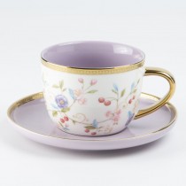 Purple Floral Gold Coffee Cup Saucer, Set of 4