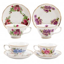 4 Assorted Vintage Floral Patterns Tea Cup Saucer, Set of 4