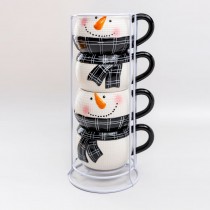 Stacked Black  Snowman Ceramic Tower Mugs. 5 Piece Set