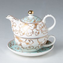 Aqua/Gold Scroll 4 Piece Tea for One Gift boxed