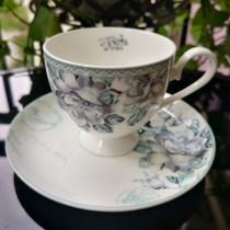 Dusty Blue Rose Tea Cups and Saucers, Set of 4