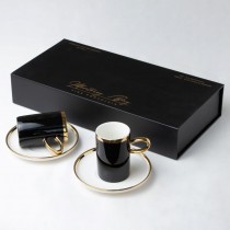 Black White Gold Tall Espresso Cups and Saucers, Set of 2 Boxed