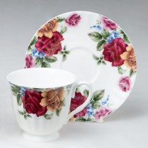 Classic Red Yellow Rose Bone China Cup Saucer. Set of 4