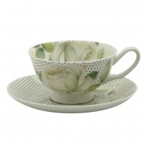 White Rose Dots Tea Cups and Saucers, Set of 4