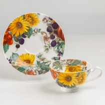 Bone China Sunflower Berry Teacups and Saucers, Set of 4