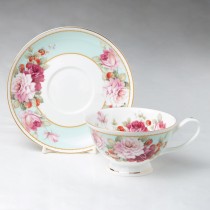 Peony/Strawberry Mint Tea Cups and Saucers Set, Set of 4