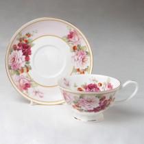 Peony/Strawberry Pink Tea Cups and Saucers Set, Set of 4