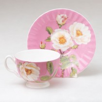 Mona Rosa Flute Tea Cups and Saucers with Pink Background, Set of 4