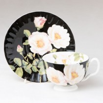 Mona Rosa Flute Tea Cups and Saucers with Black Background, Set of 4