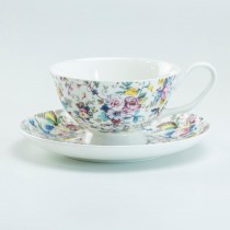 Cream Petite Rose Tea Cups and Saucers, Set of 4