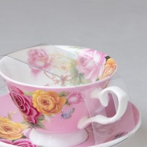Floral Bouquet Pink Cups with Saucers, Set of 4