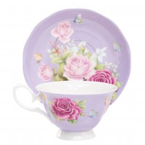 Floral Bouquet Purple Cups with Saucers, Set of 4