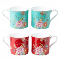 Blue and red Peony Bloom Bone China Princess Mugs, Set of 4