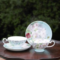 Bone China Peony Bloom Blue Tea/coffee  Cups and Saucers, Set of 4