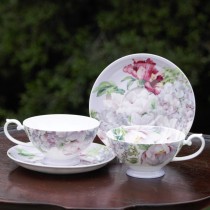Bone China Peony Bloom Purple Tea/coffee  Cups and Saucers, Set of 4