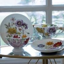 Bone China Yellow Orange Floral Tea/coffee Cups and Saucers, Set of 4
