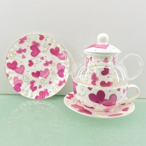 Gold Pink Heart Glass Tea for One 5 Piece Set