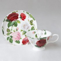 Red White Rose Bone China Cup Saucer. Set of 4