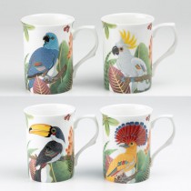 4 Tropical Birds Bone China Can Mugs, Set of 4