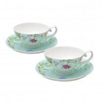 Summer Meadow Mint Cups with Saucers, Set of 4