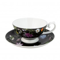 Summer Meadow Black  Cups with Saucers, Set of 4