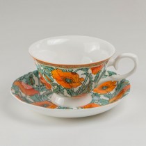Bone China Morris Poppy Teacups and Saucers, Set of 4