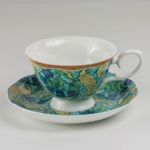 Bone China Morris Bell Drop Blue Teacups and Saucers, Set of 4