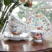 Bone China Lismore Rose Garden Tea/coffee Cups and Saucers, Set of 4