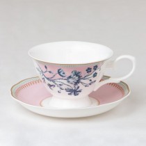 Blue Rose Toile Pink Coffee Cups and Saucers, Set of 4
